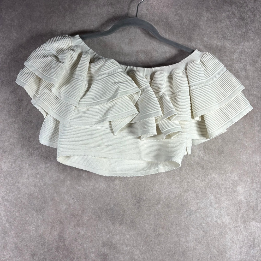 KEEPSAKE Top Womens Small Ivory Ruffle Off the Shoulder Ribbed Knit Cropped Boho